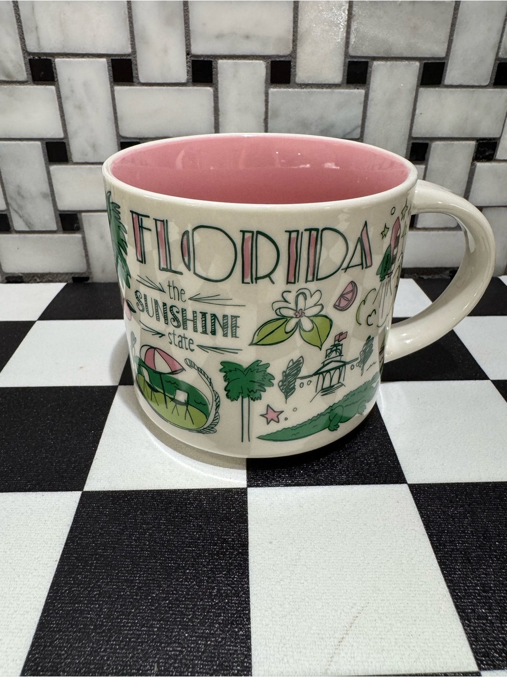 Starbucks Florida Sunshine Ceramic Mug - Pink Interior, Green Accents